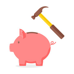 piggy bank with hammer. crashing piggy bank illustration