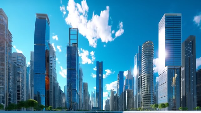 A cityscape dominated by modern skyscrapers and business office buildings, Generative AI