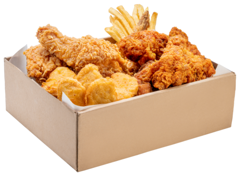 Fried chicken  on paple bucket on white background, Fried chicken with french fried on paper on isolate white background PNG File.