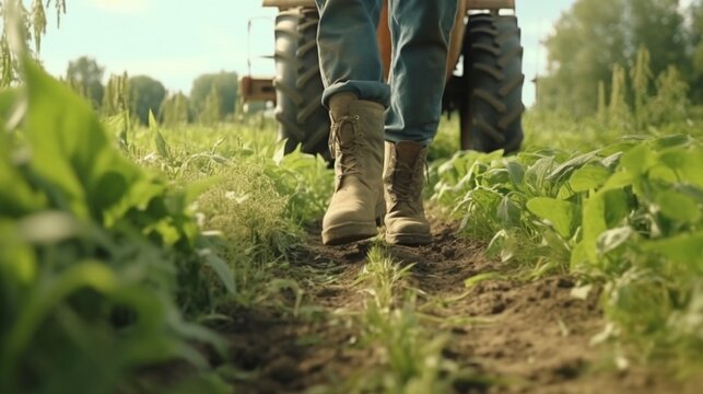 A close-up of a farmer's feet donning rubber boots, Generative AI.