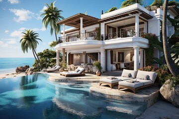 Fototapeta premium 3d rendering of a luxury villa with swimming pool and beach