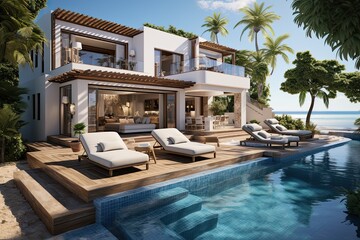 3d rendering of a luxury villa with swimming pool and beach