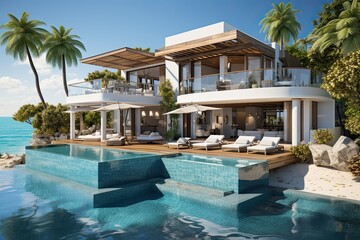 3d rendering of a luxury villa with swimming pool and beach