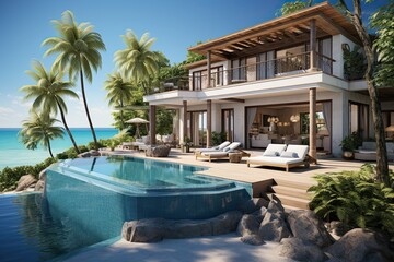 3d rendering of a luxury villa with swimming pool and beach