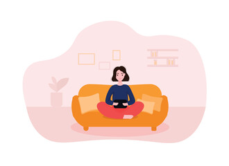 Cartoon girl texting on tablet sitting in lotus position on couch at home. Modern urban lifestyle. Contemporary digital environment. Vector illustration