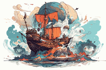 Watercolor illustration of a landscape, game art piece that depicts a pivotal moment in the middle of the ocean vector art illustration. 