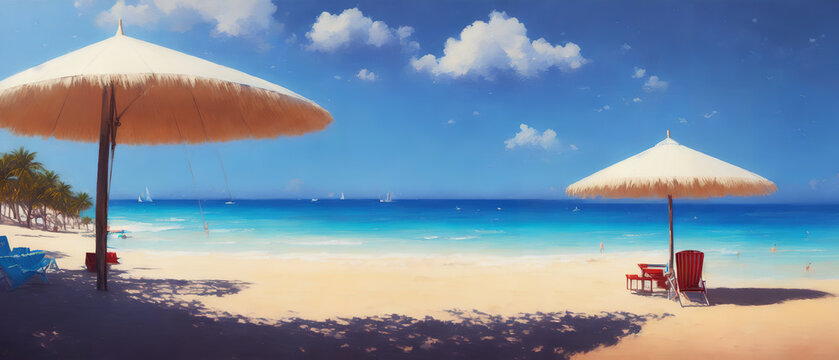 Beach loungers on a sunny day at the beach. In the background, the ocean. Beautiful weather. Generative AI.
