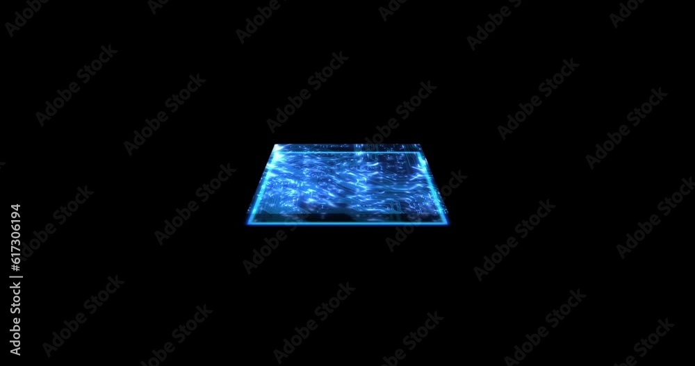 Aufkleber Motherboard, technology and digital programming hologram isolated on black background, cybersecurity and microchip. Cloud computing, circuit with IT and mockup space, 3D and computer hardware system