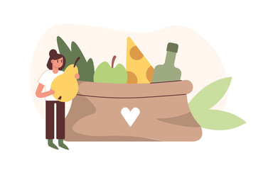 Fototapeta premium Cartoon female character collecting food for donations. Giant bag of groceries. Food donations for poor and homeless. Product warehouse for volunteer activities