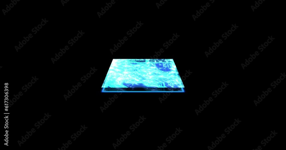 Aufkleber Holographic, microchip and digital cpu for information technology, data storage or cloud computing. Future, ai and 3d with hologram hardware on a dark background for cybersecurity or innovation
