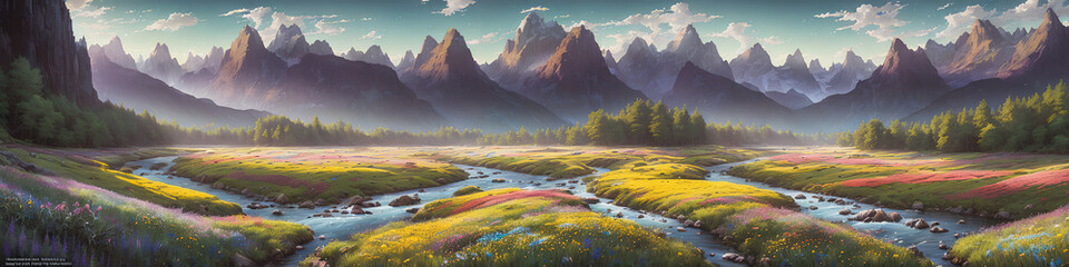 Landscape with flowers in a meadow surrounded by mountains and rivers.  generative AI.