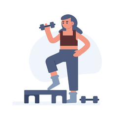 Cartoon girl lifting dumbbells. Time for training in gym. Healthy and active lifestyle. Regular physical activity. Vector flat style illustration on white background