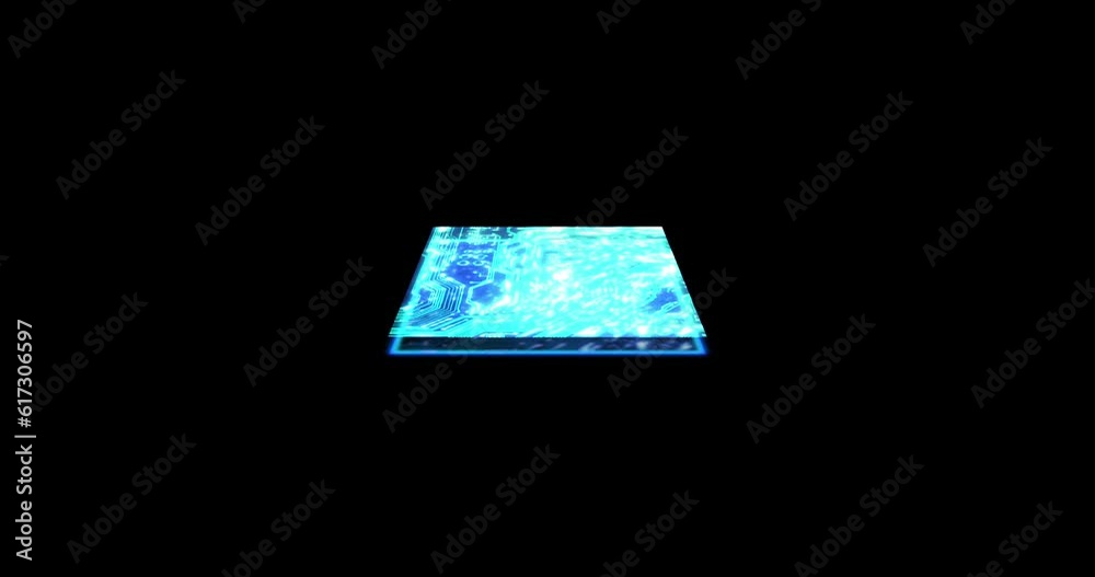 Poster Hologram, 3d and digital cpu for information technology, data storage or cloud computing. Future, ai and microchip with virtual reality hardware on a dark background for cybersecurity or innovation