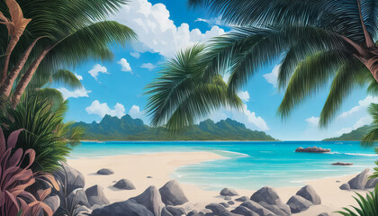 Obraz premium Beautiful vacation landscape with palms, ocean, and blue sky. generative AI.