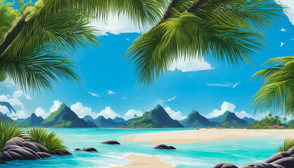 Fototapeta na wymiar Beautiful vacation landscape with palms, ocean, and blue sky. generative AI.