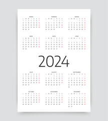 2024 Spanish Calendar for year. Week starts Monday. Template pocket or wall Spain calender. Desk organizer. Yearly grid of schedule with 12 month. Portrait vertical orientation. Vector illustration