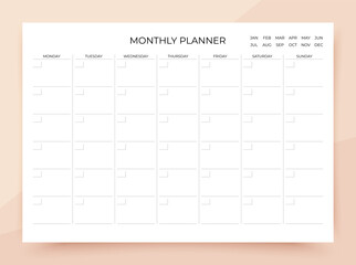 Monthly planner. Schedule for month. Timetable template. Homework organizer. Simple journal page. Empty blank of diary. Week starts Monday. Vector illustration. Paper size A4. Abstract modern design.