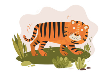 Cute tiger among forest clearing. Funny cartoon wild beast on light background. Fairytale predatory animal. Can be used for the design of children's rooms, holidays, cards. Vector illustration. © KOSIM