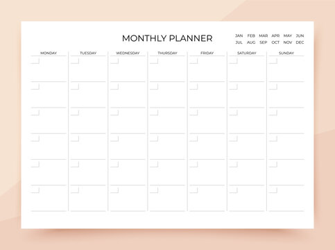 Monthly planner. Schedule for month. Timetable template. Homework organizer. Simple journal page. Empty blank of diary. Week starts Monday. Vector illustration. Paper size A4. Abstract modern design.