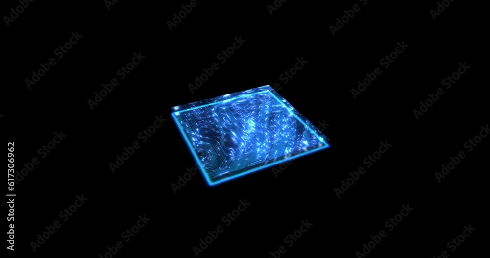 Leinwandbilder Microchip, system or circuit with light for future development, big data science or information technology. Digital transformation, computer engineering and 3d cpu for programming by black background