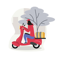 Cartoon pretty courier in red uniform carries parcels on motorcycle. Delivery service. Character delivering parcels using different vehicles. Vector flat style illustration