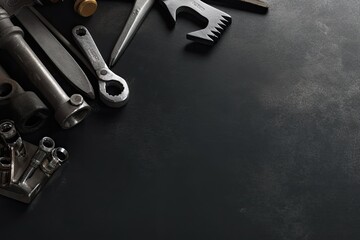 Auto mechanic's tools on grey stone table with copy space