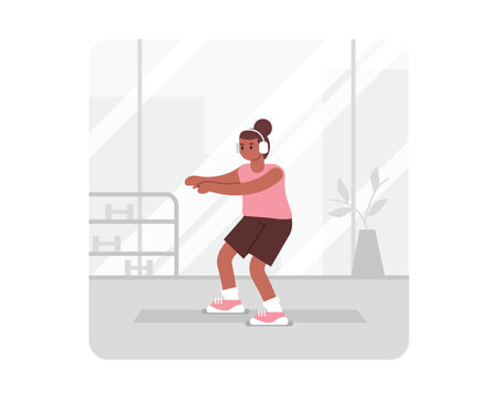 African girl in headphones squatting. Regular physical activity and healthy lifestyle. Training indoor alone. Workout to loss weight. Vector flat illustration