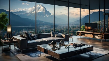 Fototapeta premium 3D rendering of a modern living room with a mountain view