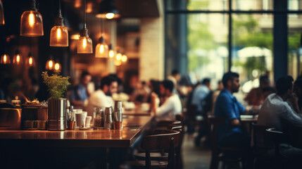 hazy restaurant background featuring several diners, cooks, and servers at work