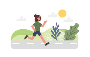 Fototapeta na wymiar Cartoon handsome girl running in morning on street. Time for morning workout. Active and healthy lifestyle. Vector flat style illustration on white background