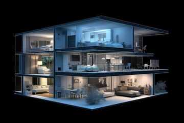 Modern home cross section, night scene, 3d rendering