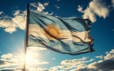 The Argentine flag is fluttering in a clear sky.