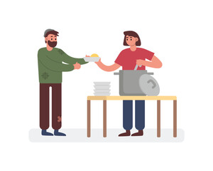 Female character pours food into plate for homeless person. Hot meals for poor people. Charitable activity. Volunteers from humanitarian aid organization giving free food, drinks