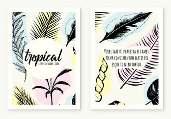 template poster illustration tropical plants and leaves, hand drawn style, outline sketch. web banner.