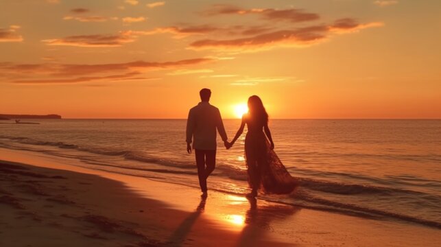 A happy couple holding hands and walking along a peaceful beach at sunset, Generative AI