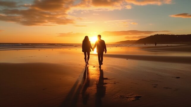 A happy couple holding hands and walking along a peaceful beach at sunset, Generative AI
