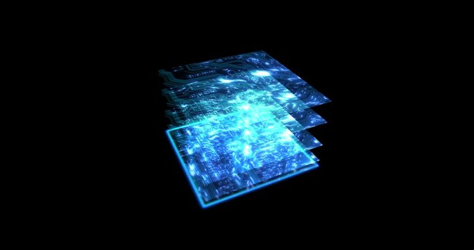 Hologram, microchip and digital cpu for information technology, data storage or cloud computing. Future, ai and 3d with virtual reality hardware on a dark background for cybersecurity or innovation