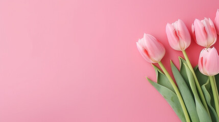 tulips on a light pink background with space for text. Generative Ai. 