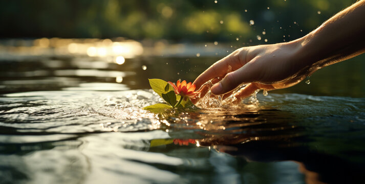 close-up of a hand playing with a flower in the water in a forest lake. Generative Ai. 