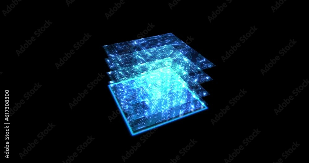 Aufkleber Programming, technology and digital circuit board abstract on dark background as CPU cybersecurity. Virtual, cloud computing and 3D neon light on motherboard for future coding, network or ai computer