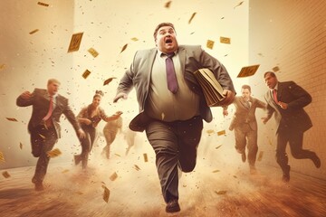 A Colorful Illustration of a chubby or overweight businessman in a suit running down the street with box in hands, while banknotes fly around him on a sunny and clear day. Generative Ai.