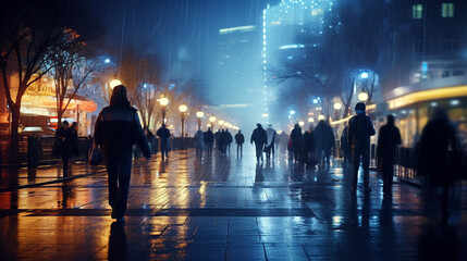 People walk at night in cloudy weather. Generative Ai. 