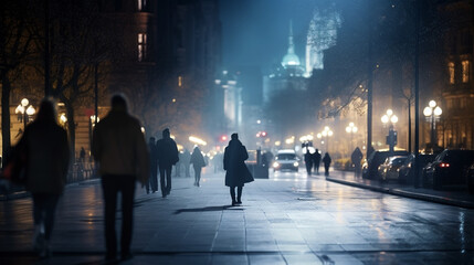 People walk around the city illuminated at night. Generative Ai. 