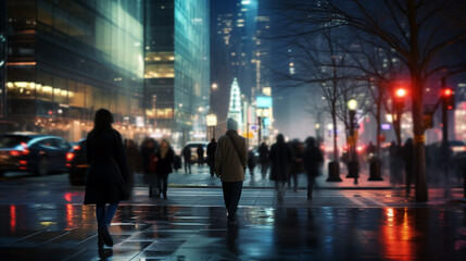 Fototapeta premium People walk in the night city. Generative Ai. 