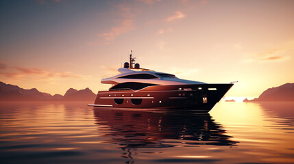 Fototapeta na wymiar luxury yacht drifts calmly at sunset in the sea. Generative Ai. 
