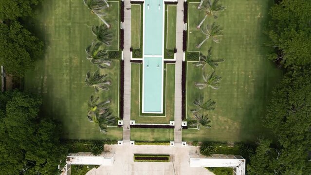 Bird's eye tracking shot over part of Laie Hawaii LDS Temple, Oahu, Hawaii.