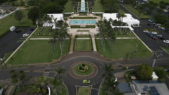 Flyover above roundabout, road towards Laie Hawaii LDS Temple, Oahu, Hawaii.