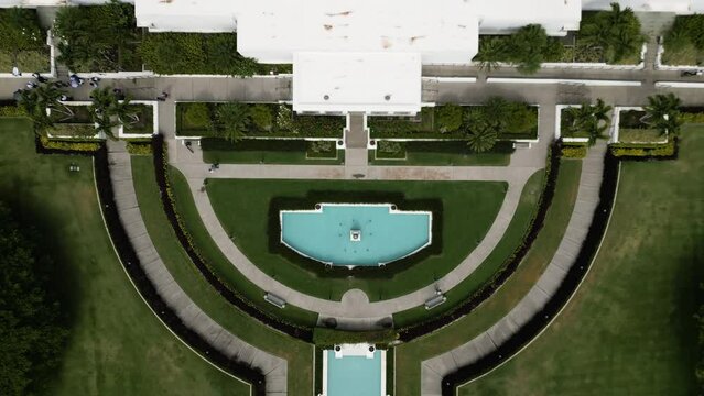Bird's eye view rising over front entrance Laie Hawaii LDS Temple, Oahu, Hawaii.