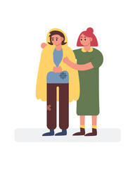 Care for poor. Female character wraps person with blanket. Support for people in need. Volunteers worry about those who have lost their homes, jobs. Charity and donations