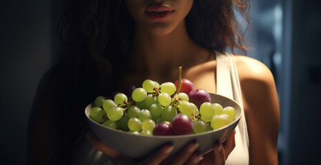 a woman carries a plate of grapes in her hands in a sunny room. Generative Ai. 